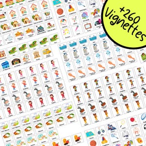 Puede incluir: Un conjunto de más de 260 tarjetas ilustradas de colores con texto en francés. Las tarjetas presentan diversas actividades, objetos y lugares, como cepillarse los dientes, vestirse, jugar y comer.