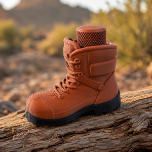 May include: A miniature brown boot-shaped object with a black sole and a cylindrical, textured brown cap protruding from the top. The boot features moulded laces, eyelets, and a padded collar design, rendered in a solid, matte-finish material.