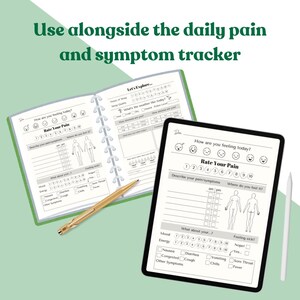 May include: Two pages from a daily pain and symptom tracker. The first page is open to a section titled "Let's Explore..." and includes questions about sleep, mood, energy, and weather. The second page is open to a section titled "Rate Your Pain" and includes a scale of 1 to 10 with corresponding facial expressions. There is a space to describe pain and symptoms, and a body outline to indicate where the pain is located. The page also includes a section titled "What about your..." with questions about mood, energy, nausea, diarrhoea, congestion, cough, vomiting, sore throat, chills, and fever.