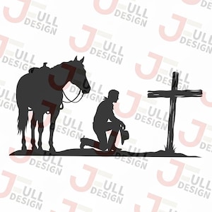 Puede incluir: Imagen silueta de un vaquero arrodillado con un sombrero, un caballo ensillado y una cruz. El vaquero está arrodillado sobre una rodilla, con el caballo cerca. La cruz está a la derecha.