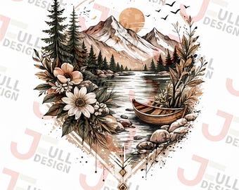 Mountain Canoe PNG, Wildflower Nature Design, Sublimation DTF Transfer