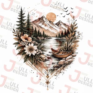 Puede incluir: Ilustración en acuarela de un paisaje sereno con un lago, montañas y un sol poniente. Un bote de madera descansa en la orilla, rodeado de flores, árboles y rocas. Aves volando en el cielo, con un diseño bohemio.