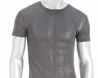 100% Silk Knit Mens Crew T-shirt - Steel gray