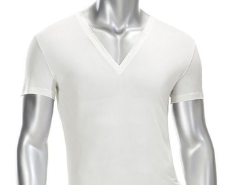 Camiseta con cuello en V profundo para hombre - 100 % seda - Blanco