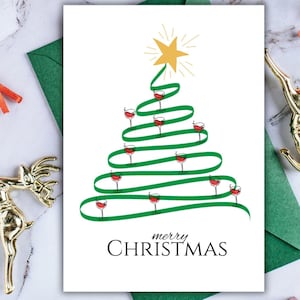 Christmas Card, Christmas Greeting card, Christmas Tree Printable Card, Merry Christmas tree card, Wine glasses Christmas card to print