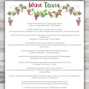 Wine Trivia Game, Printable Wines, Wine Tasting PartyOffice Party Fun, Wine Quiz Game, Wine Party Game, Wine Tasting, Wine Themed Trivia