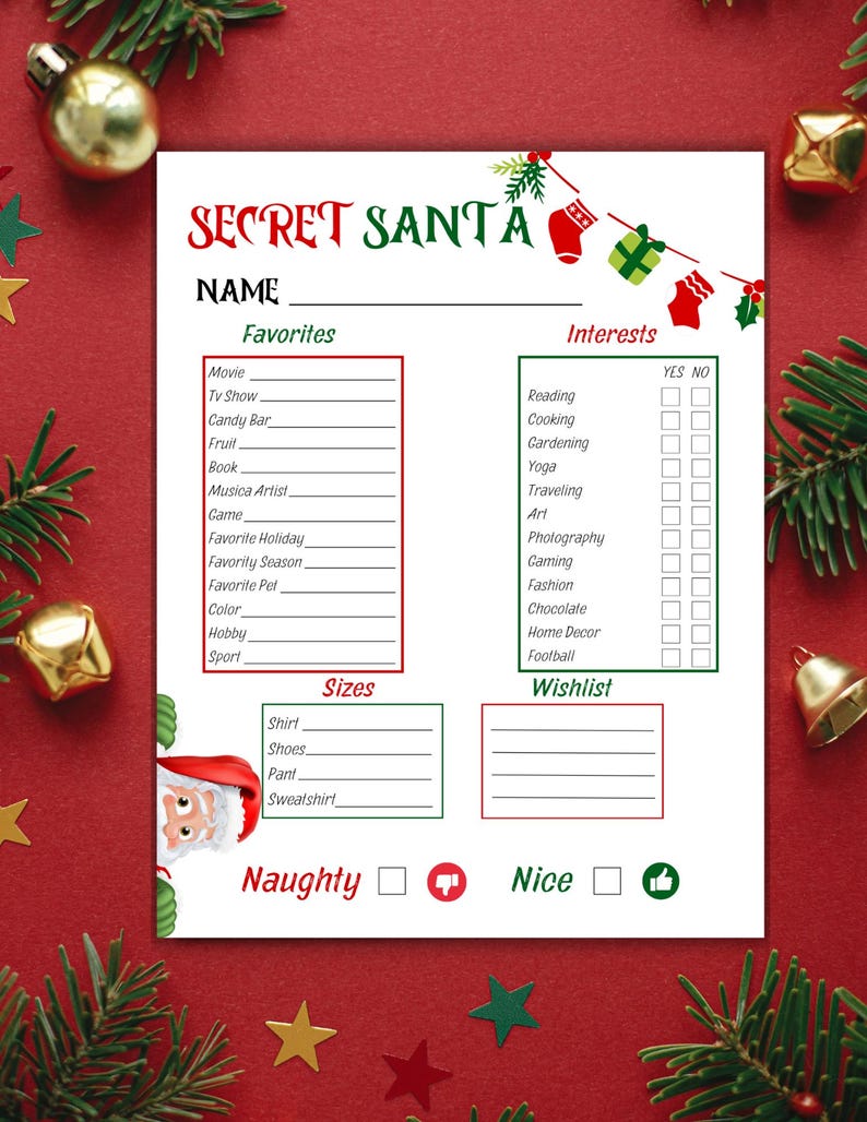 Christmas Secret Santa Questionnaire Template, Gift Exchange Printable ...