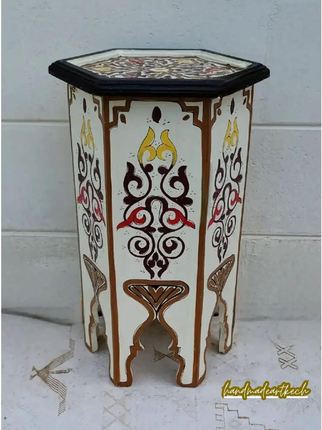 Moroccan Handpainted Hexagonal Wooden Side Table in Elegant White