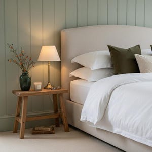 A small wooden stool next to a bed with white bedding, a green pillow, a lamp, and a vase of flowers against a green paneled wall.