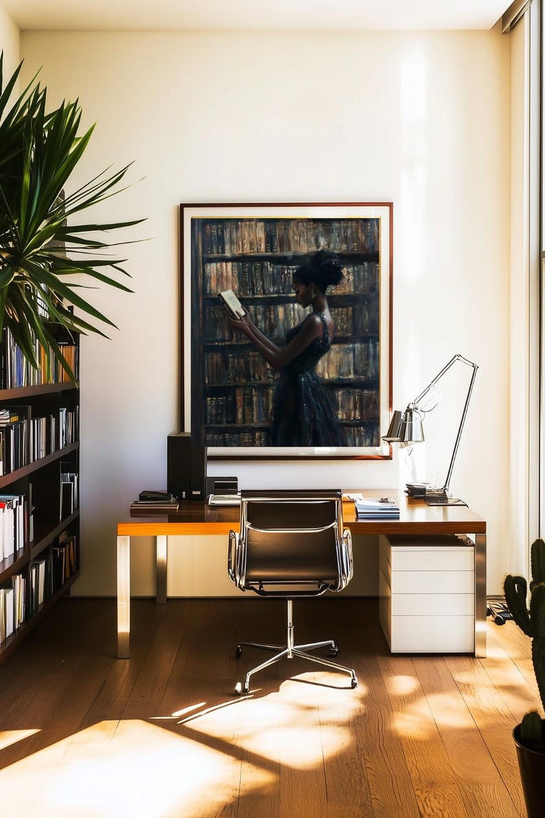 Black Wall Art | Bookworm | Library Art | Home Decor | Oil Painting Style Print | Digital Download image 14