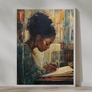 May include: A painting of a person with dark skin and dark hair sitting at a table and writing in a book. The person is wearing a blue shirt and has a gold earring. The background is a blurred image of a bookshelf.
