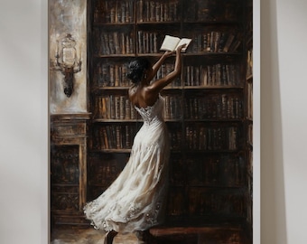 Peut inclure: Une peinture d'une femme en robe blanche atteignant un livre sur une étagère haute dans une bibliothèque. Les étagères sont remplies de livres et la pièce est faiblement éclairée.