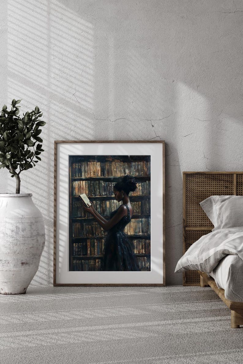 Black Wall Art | Bookworm | Library Art | Home Decor | Oil Painting Style Print | Digital Download image 6