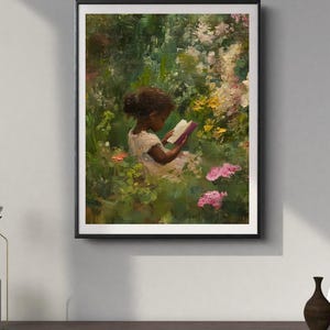 May include: A painting of a young Black girl sitting in a garden, reading a book. She is wearing a white dress and has dark hair. The garden is filled with green foliage and pink flowers.