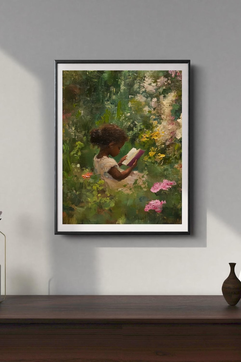 May include: A painting of a young Black girl sitting in a garden, reading a book. She is wearing a white dress and has dark hair. The garden is filled with green foliage and pink flowers.