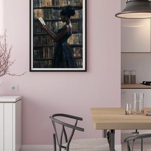 Black Wall Art | Bookworm | Library Art | Home Decor | Oil Painting Style Print | Digital Download image 4