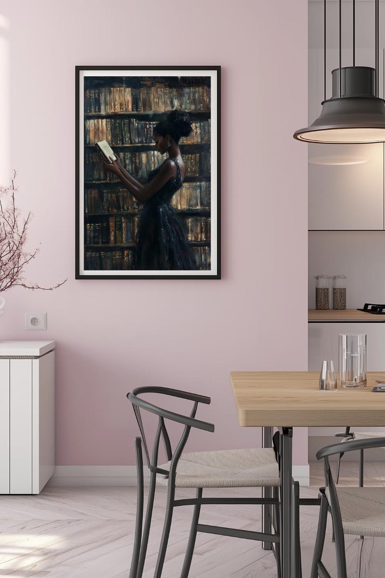 Black Wall Art | Bookworm | Library Art | Home Decor | Oil Painting Style Print | Digital Download image 4
