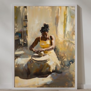 May include: A painting of a person sitting at a pottery wheel, shaping a piece of clay. The person is wearing a yellow tank top and has dark hair. The background is a light yellow with a window in the background.