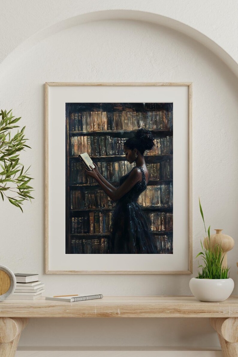 Black Wall Art | Bookworm | Library Art | Home Decor | Oil Painting Style Print | Digital Download image 9