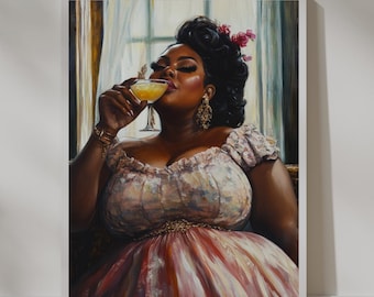 May include: A painting of a woman with dark skin wearing a pink and white dress and holding a glass of yellow liquid. She is sitting in a chair with a window behind her. The woman has dark hair and is wearing earrings.