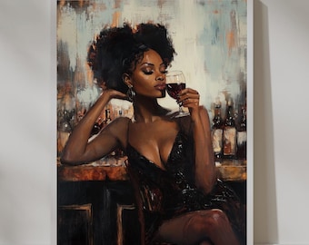 May include: An oil painting depicts a woman in a black dress, holding a glass of red wine. She is seated at a bar with bottles in the background. The artwork has a warm color palette with a focus on the woman's face and the wine.