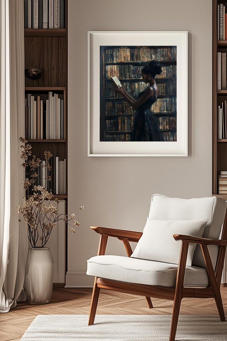 Black Wall Art | Bookworm | Library Art | Home Decor | Oil Painting Style Print | Digital Download image 3