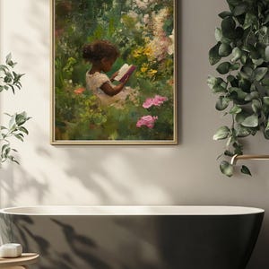 May include: A painting of a young girl sitting in a garden, reading a book. She is wearing a white dress and has dark hair. The garden is filled with green foliage and pink flowers.