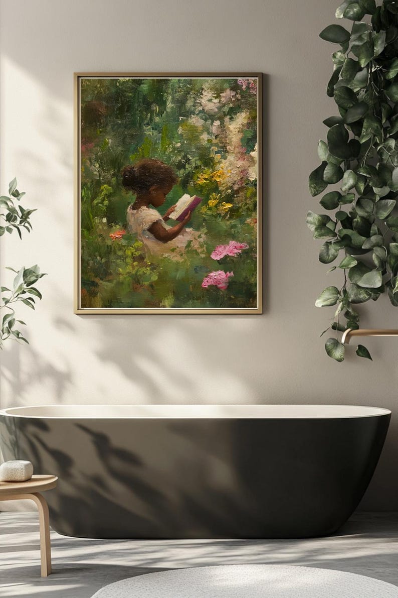 May include: A painting of a young girl sitting in a garden, reading a book. She is wearing a white dress and has dark hair. The garden is filled with green foliage and pink flowers.