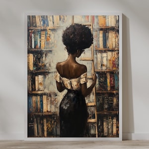 May include: A painting of a woman with dark skin standing in front of a bookshelf. She is wearing a white off-the-shoulder top and a black skirt. She is reaching up to a shelf with a ladder.