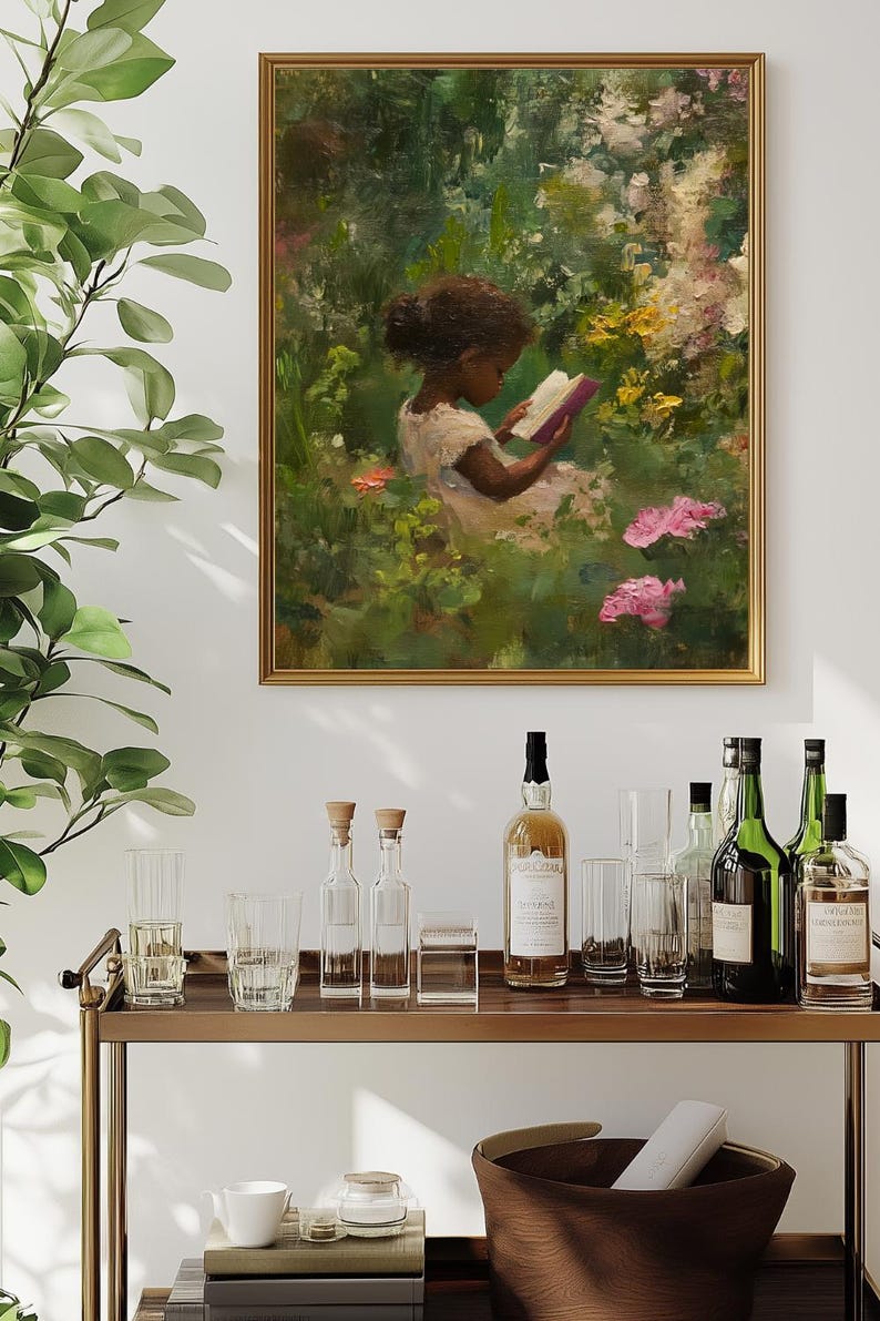 May include: A painting of a young girl sitting in a garden, reading a book. The girl is wearing a white dress and has dark hair. The garden is filled with flowers and greenery.
