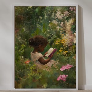 Black Wall Art | Oil Painting Style Print | Digital Download | Black Girl Art | Black Girl Nerd | Library Wall Art | Little Reader