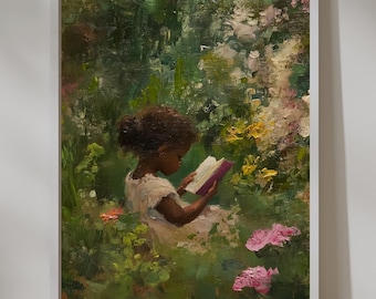 Black Wall Art | Oil Painting Style Print | Digital Download | Black Girl Art | Black Girl Nerd | Library Wall Art | Little Reader