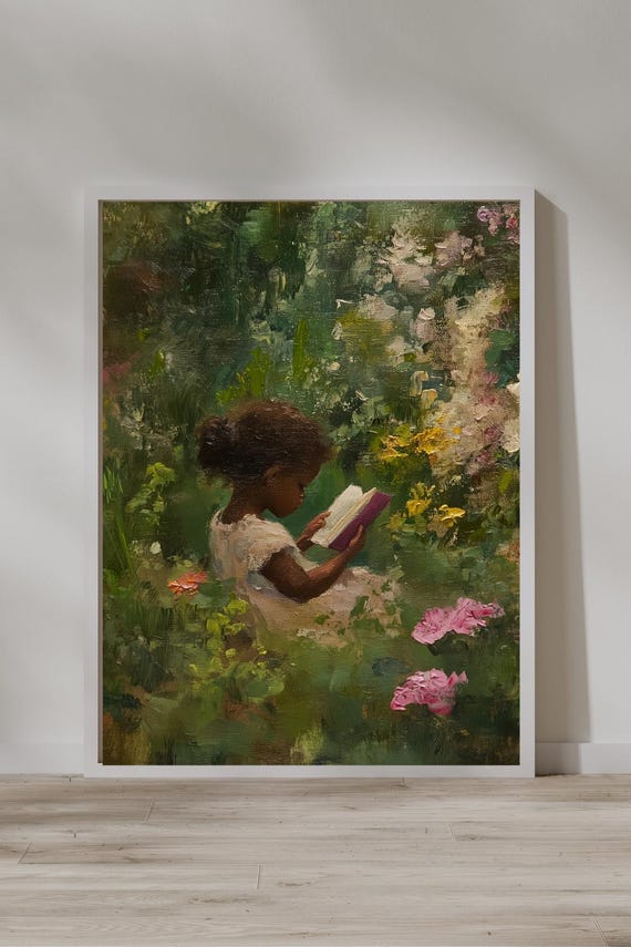 Black Wall Art | Oil Painting Style Print | Digital Download | Black Girl Art | Black Girl Nerd | Library Wall Art | Little Reader
