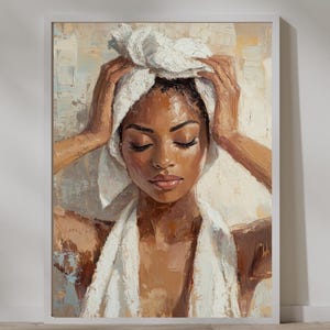 Black Wall Art | Bathroom Wall Art | Printable Download | Black Wall Art Bathroom | Black Women Art | Black Oil Painting | Getting Ready