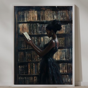 Black Wall Art | Bookworm | Library Art | Home Decor | Oil Painting Style Print | Digital Download image 1