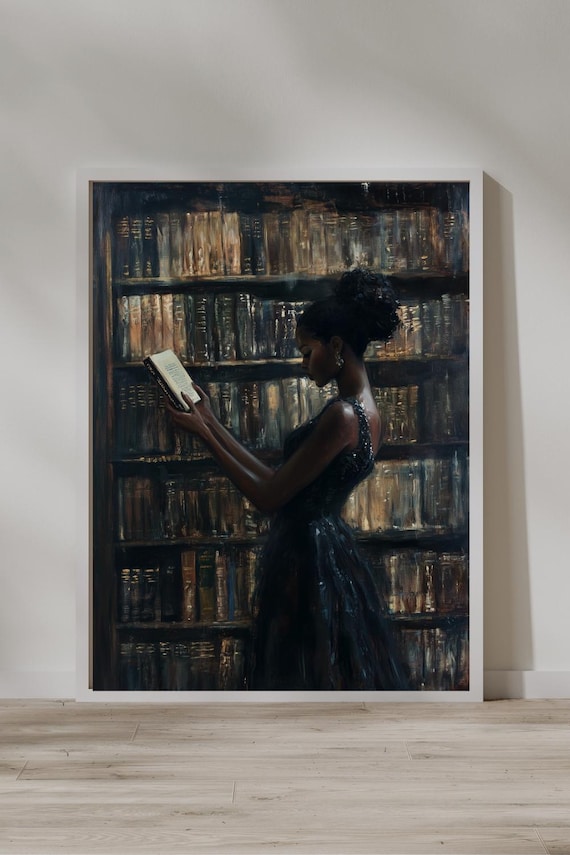 Black Wall Art | Bookworm | Library Art | Home Decor | Oil Painting Style Print | Digital Download