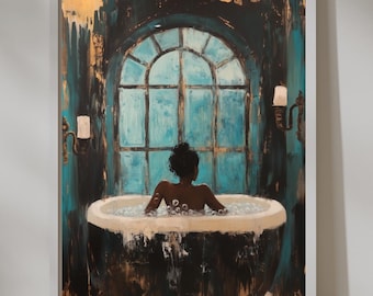 May include: A painting of a person taking a bath in a white bathtub with bubbles. The person is facing away from the viewer and has dark skin. The bathtub is in front of a large window with a blue and green view. The walls are dark blue and green with gold accents.