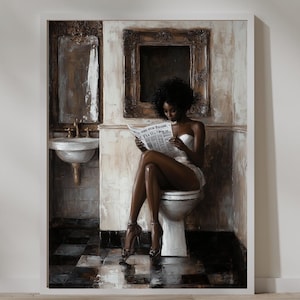 Bathroom Wall Art | Black Wall Art | Toilet |Printable Download | Black Wall Art Bathroom | Black Women Art | Black Oil Painting | Fashion