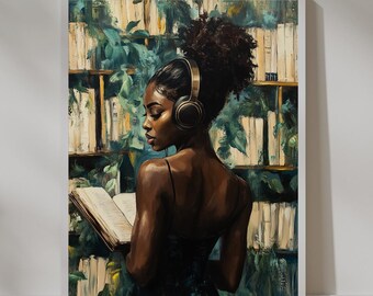 Green Bookworm: Vintage Oil Painting Style Print Digital Download | Black Girl Art