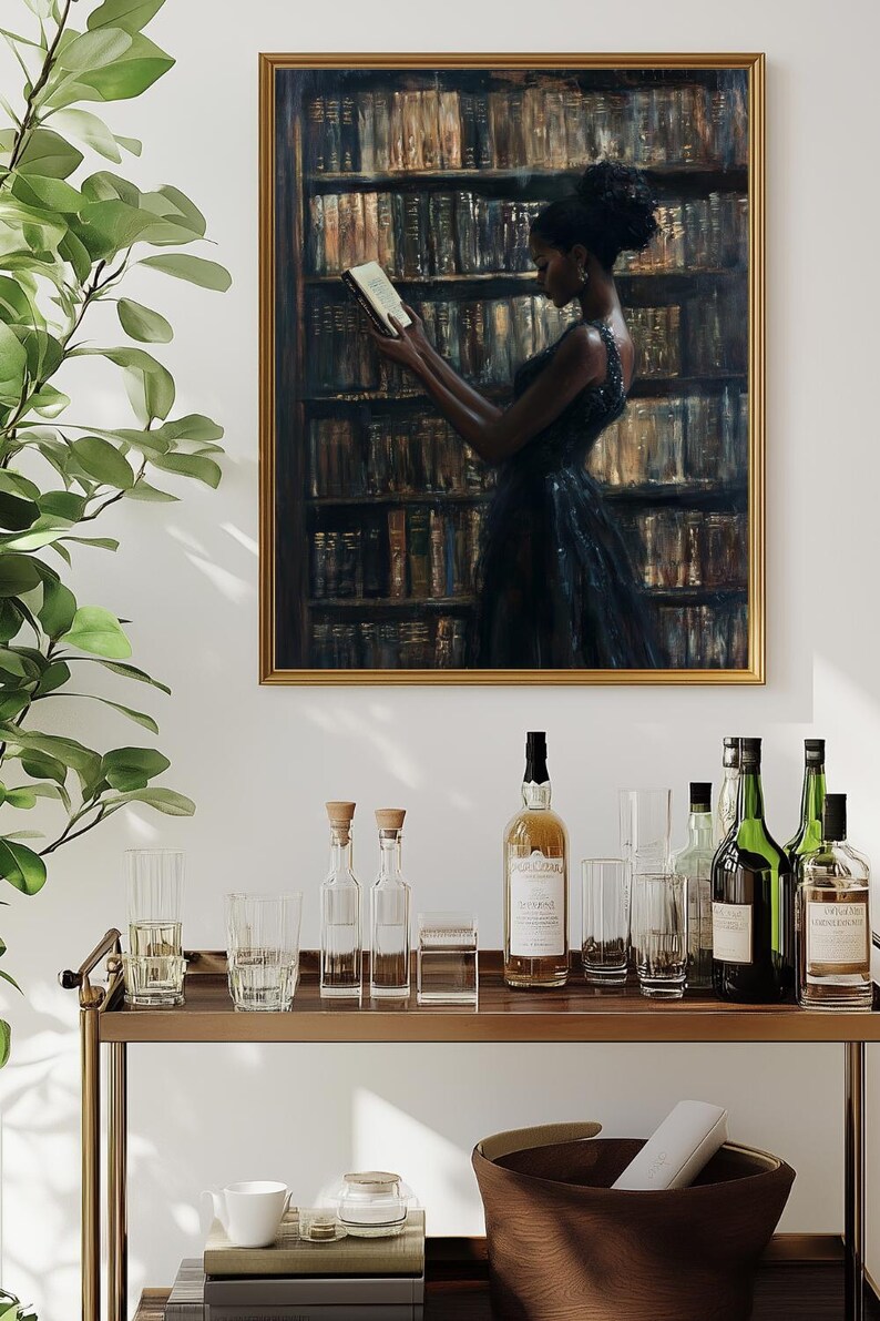 Black Wall Art | Bookworm | Library Art | Home Decor | Oil Painting Style Print | Digital Download image 11