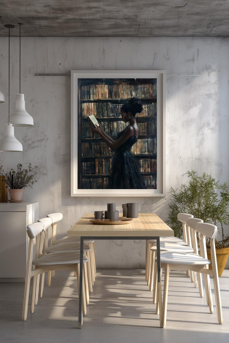 Black Wall Art | Bookworm | Library Art | Home Decor | Oil Painting Style Print | Digital Download image 7