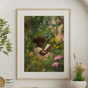 May include: A painting of a young girl sitting in a garden, reading a book. She is wearing a white dress and has dark hair. The garden is filled with green foliage and pink flowers.