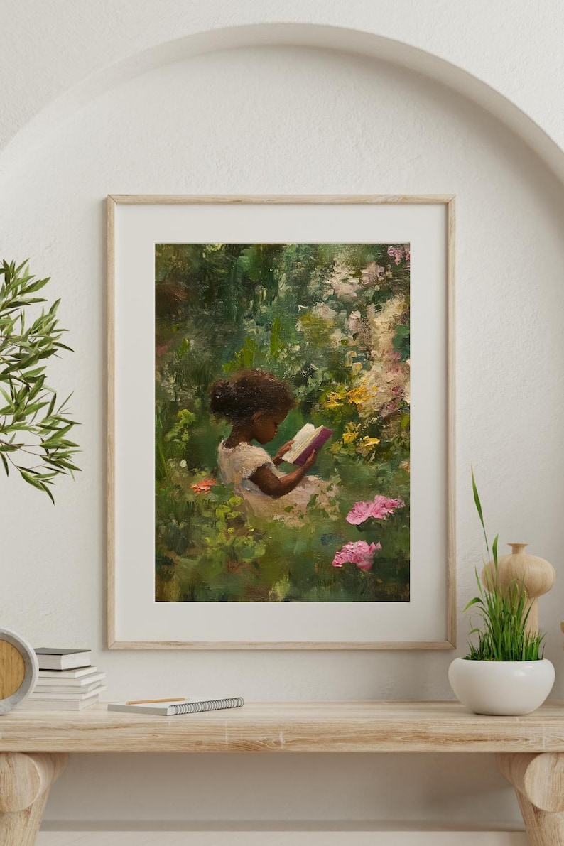 May include: A painting of a young girl sitting in a garden, reading a book. She is wearing a white dress and has dark hair. The garden is filled with green foliage and pink flowers.