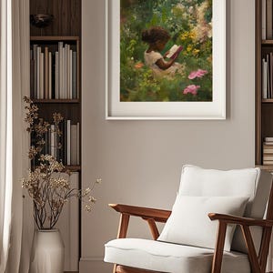 May include: A painting of a young girl sitting in a garden, reading a book. She is wearing a white dress and has dark hair. The garden is filled with flowers and greenery.