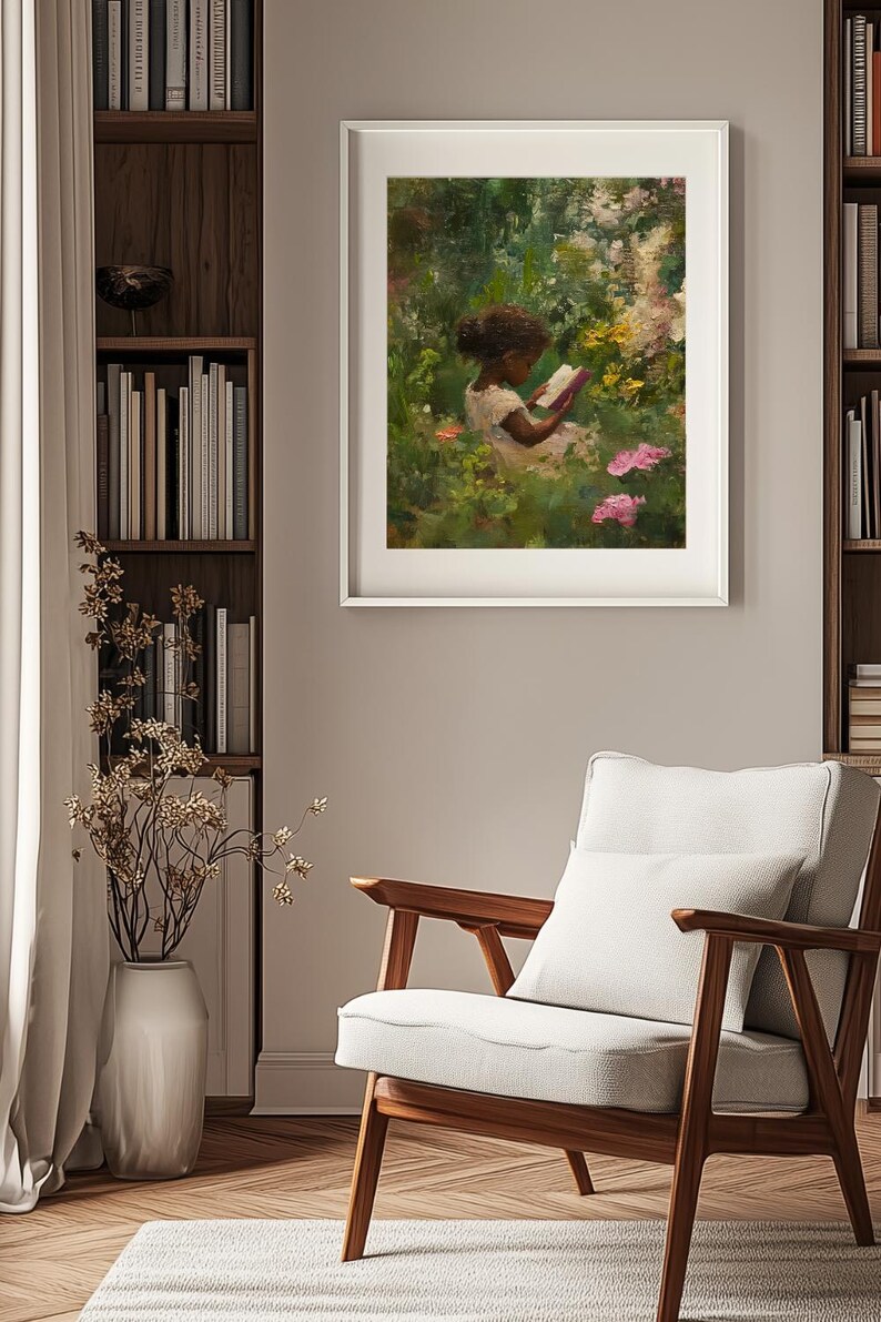 May include: A painting of a young girl sitting in a garden, reading a book. She is wearing a white dress and has dark hair. The garden is filled with flowers and greenery.