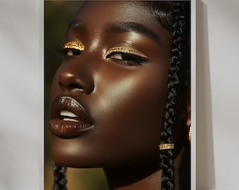 May include: Close-up portrait of a person with dark skin and black braids. The person is wearing gold glitter eyeshadow and has their lips slightly parted.