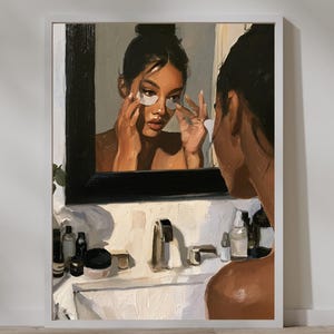 Bathroom Wall Art, Black Woman Eye Patches in Mirror, Self Care Skincare Oil Painting Print