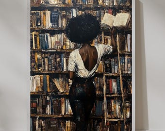 Black Wall Art | Library Reading | Book Lover Decor | Oil Painting Print (Digital Download)