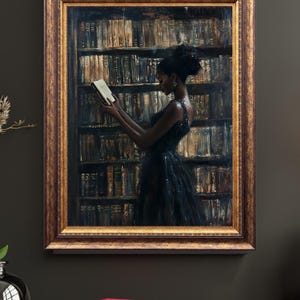 Black Wall Art | Bookworm | Library Art | Home Decor | Oil Painting Style Print | Digital Download image 5