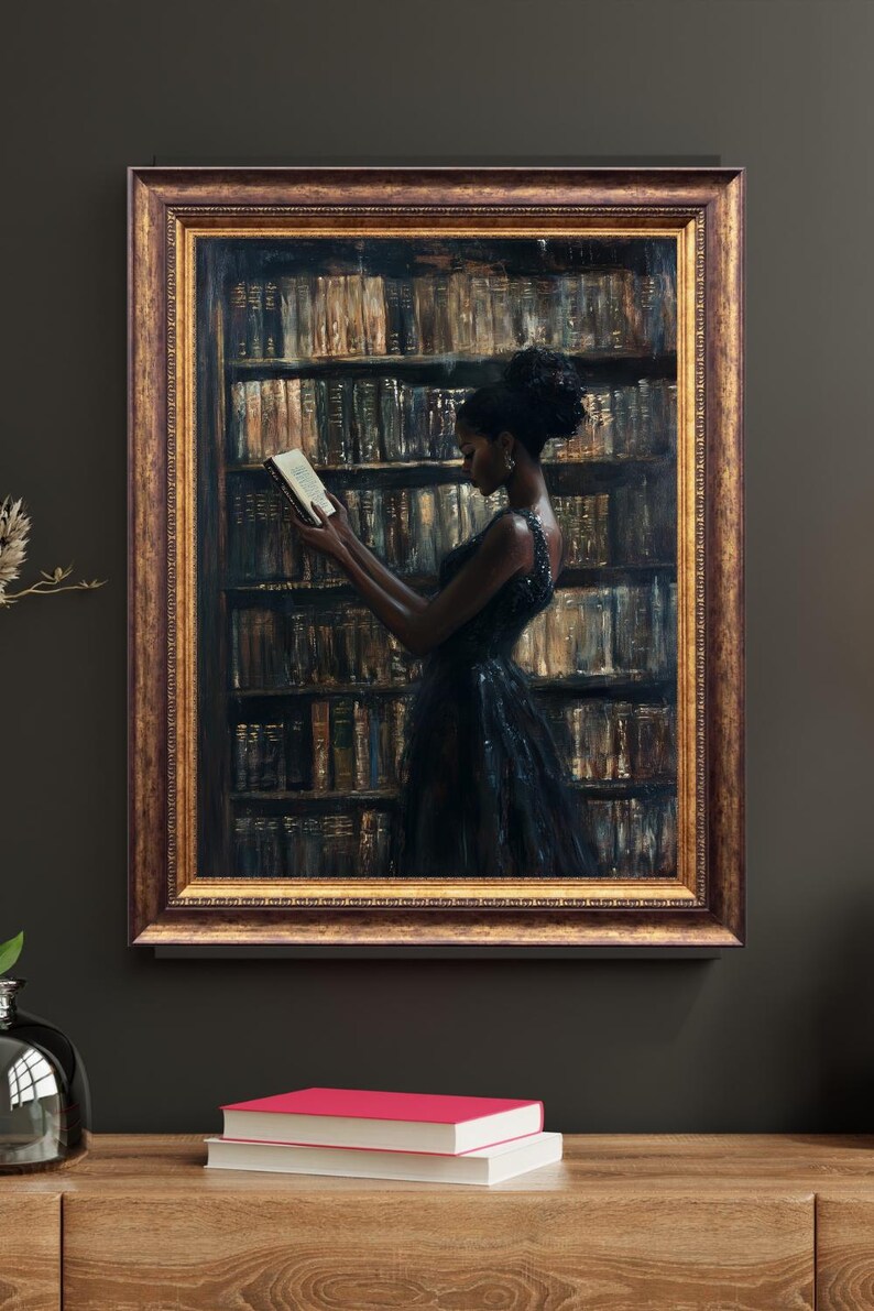 Black Wall Art | Bookworm | Library Art | Home Decor | Oil Painting Style Print | Digital Download image 5